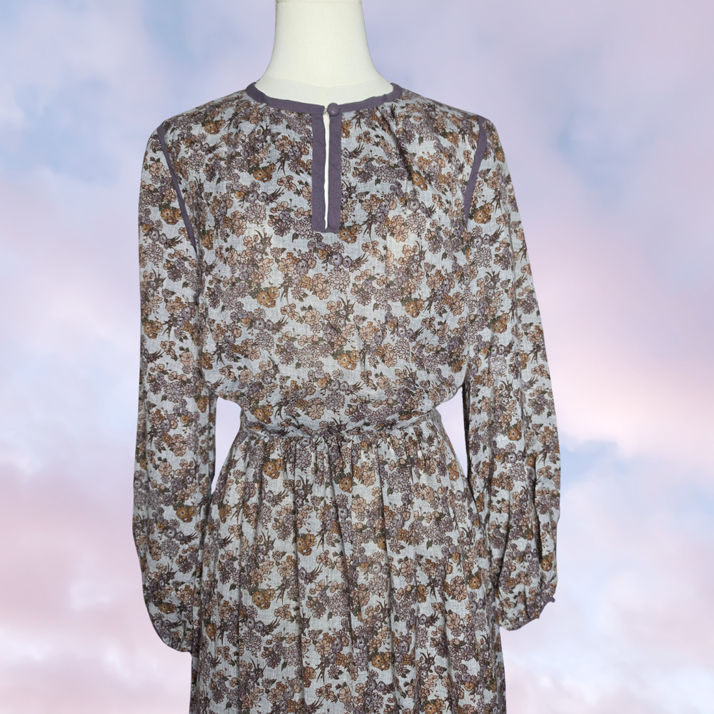 Vtg 50s Handmade Lavender and Blue Floral Sheer Balloon Sleeve Retro Midi Dress - Picture 2 of 7